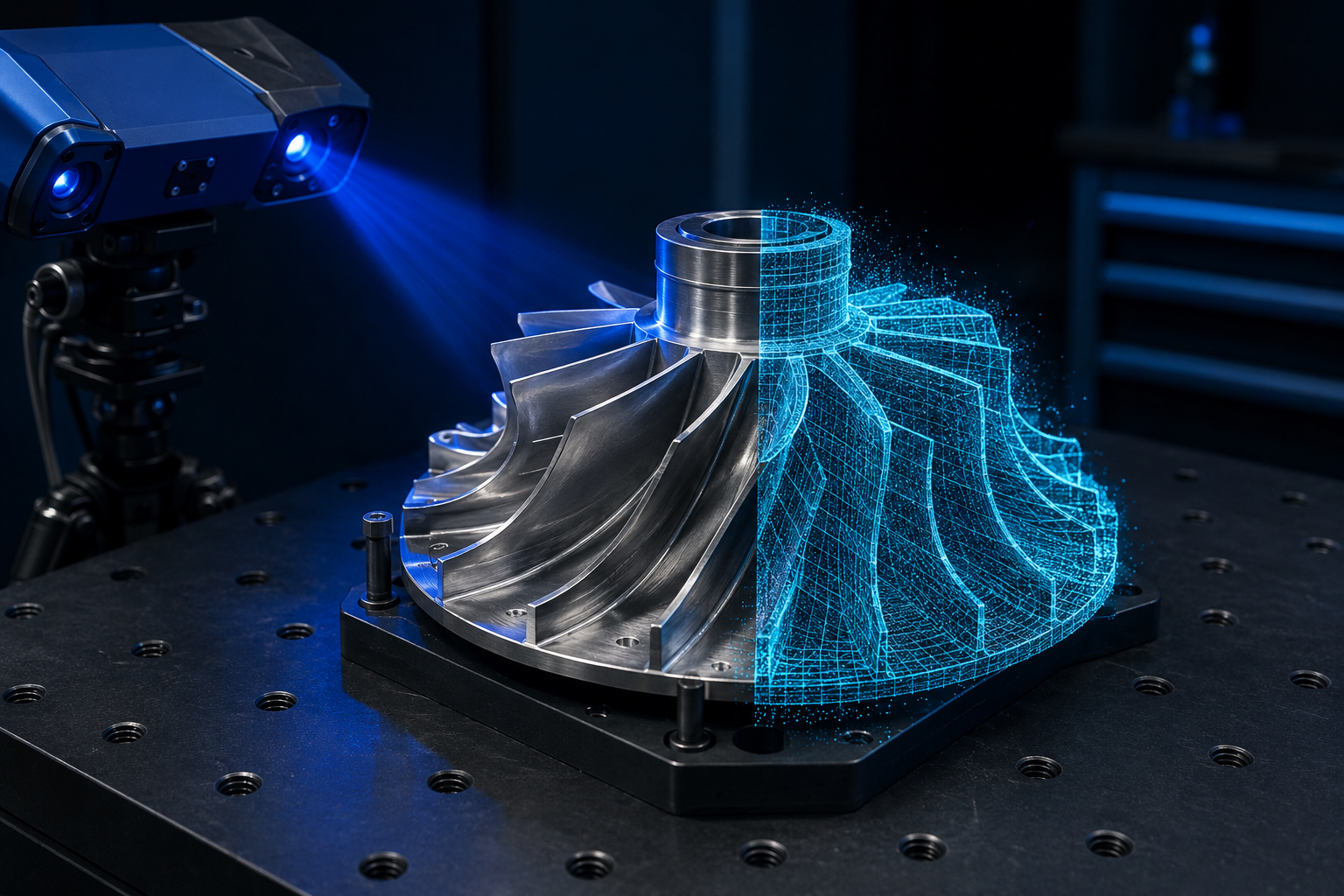 A precision impeller being captured by a structured-light 3D scanner and reconstructed as a digital wireframe